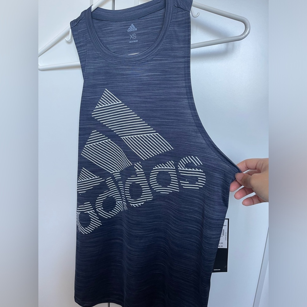 ADIDAS Navy and White Striped Logo Muscle Tank Womens Top brand new